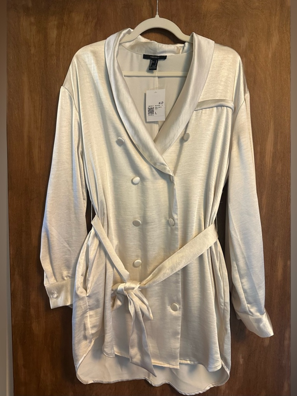 Forever 21 Off-White Satin Double-Breasted Long Sleeve Dress with Belt